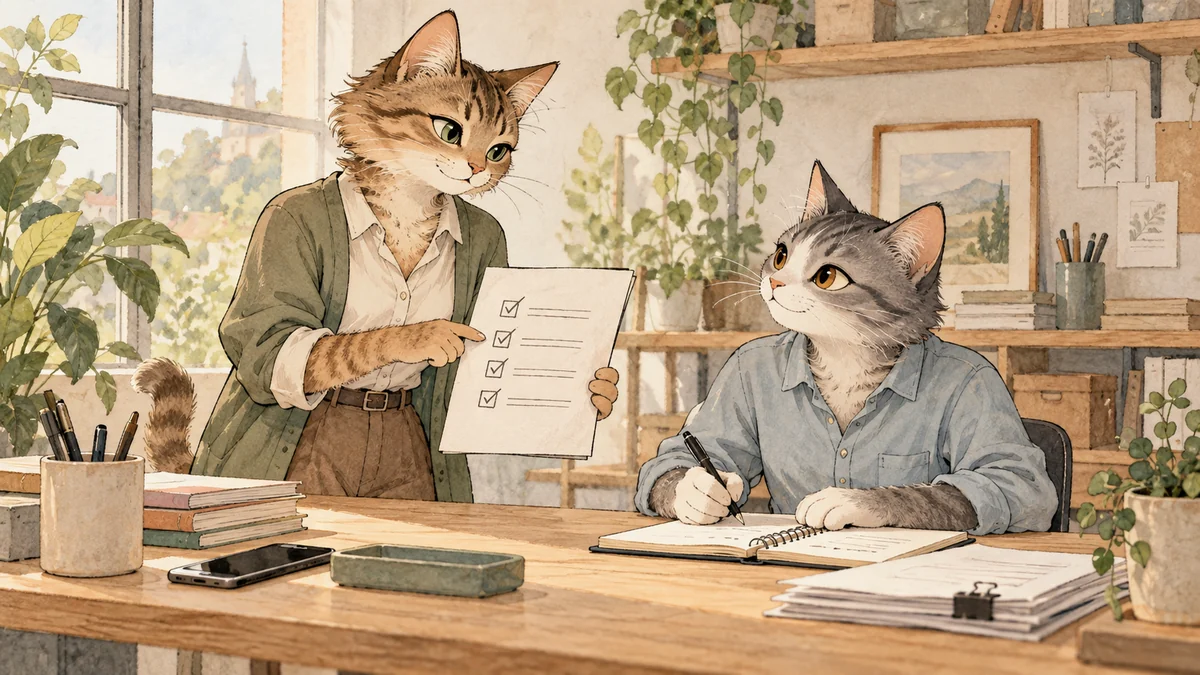 Two business cats reviewing a simple checklist together at a desk