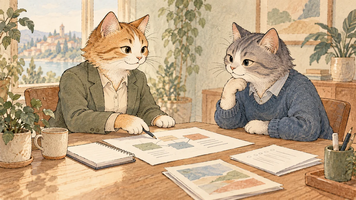 Two business cats calmly reviewing a project plan and agreeing on next steps