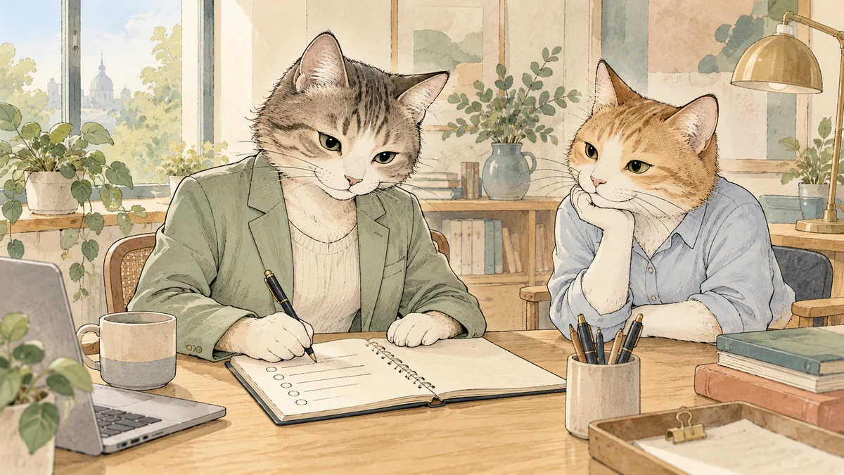 Two business cats writing and reviewing a short process checklist together