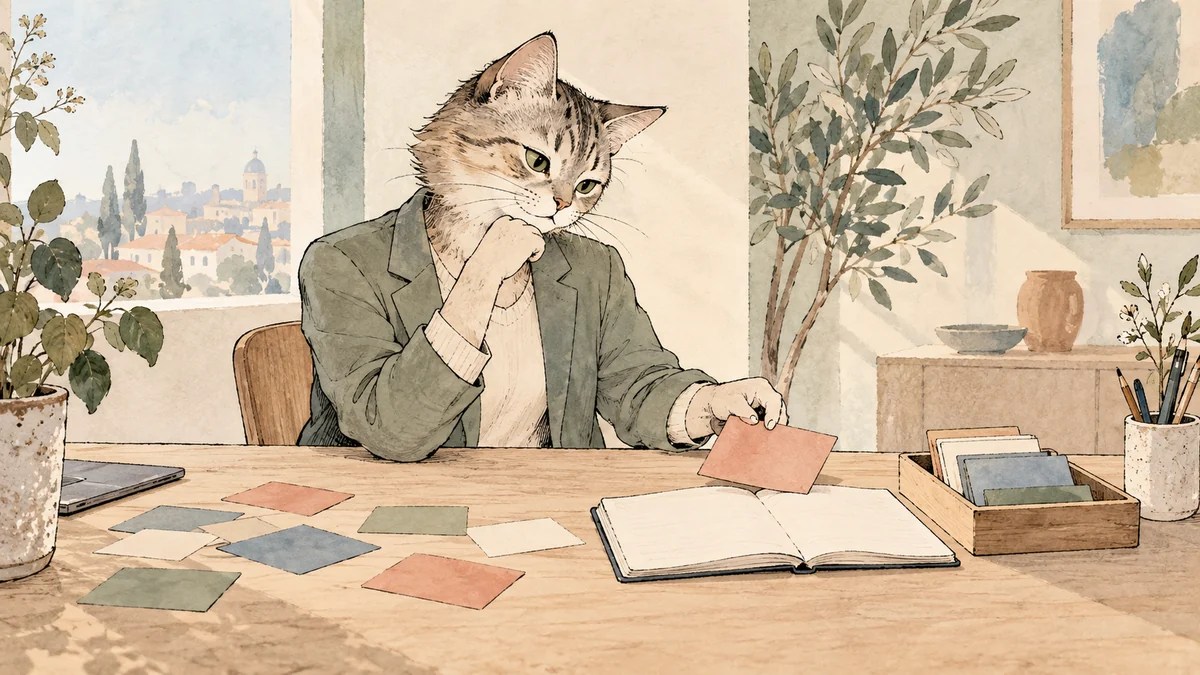 A business cat choosing one task from a crowded stack of notes