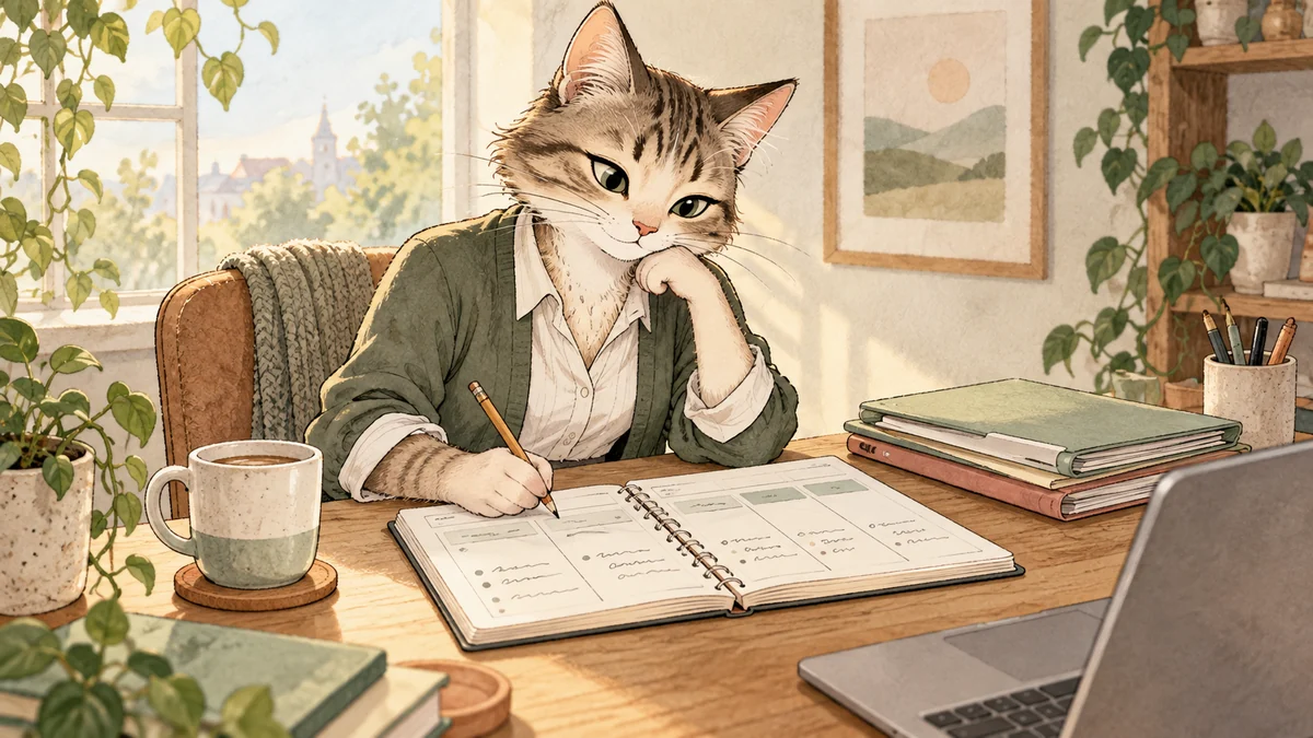 A business cat planning the week at a desk with a notebook and calendar