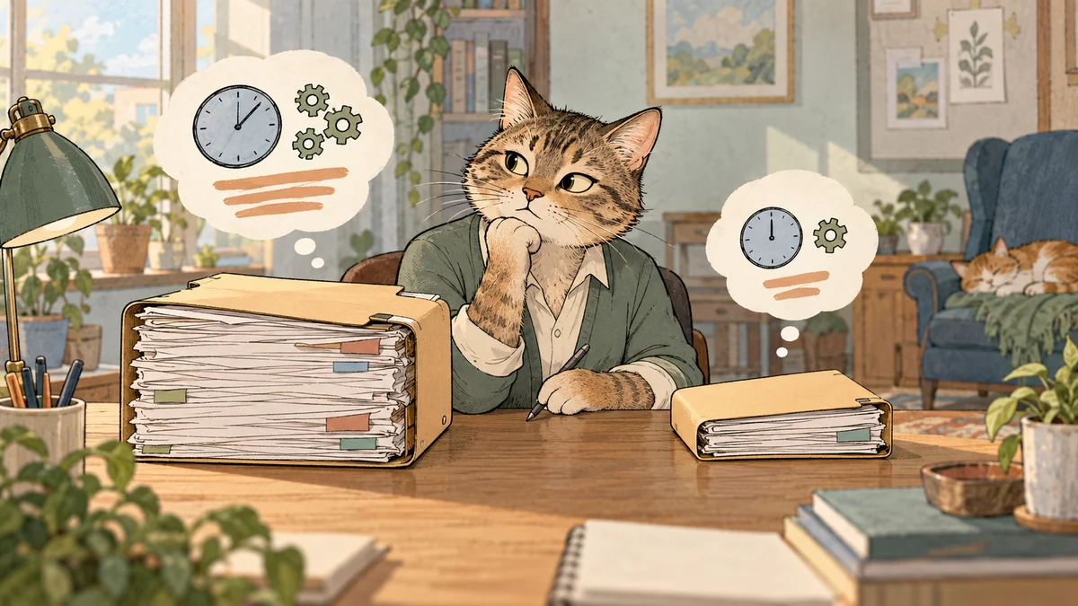 A business cat thoughtfully compares customer folders and service notes